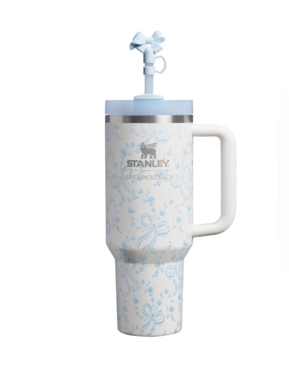 Stanley White Travel Tumbler with Light Blue Floral Bow Accents